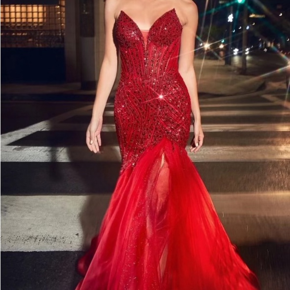 Ladivine CD0214 - Red Off Shoulder Shoulder Stone Embellished Gown- Prom Dress